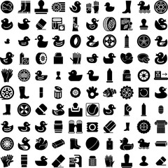 Collection Of 100 Rubber Icons Set Isolated Solid Silhouette Icons Including Background, Material, Rubber, Isolated, Design, Texture, White Infographic Elements Vector Illustration Logo