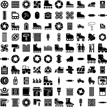 Collection Of 100 Roller Icons Set Isolated Solid Silhouette Icons Including Fun, Coaster, Summer, Vector, Illustration, Park, Roller Infographic Elements Vector Illustration Logo