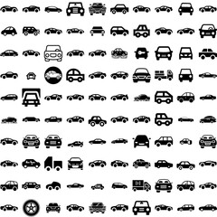 Collection Of 100 Sedan Icons Set Isolated Solid Silhouette Icons Including Car, Auto, Transportation, Automobile, Sedan, Vehicle, Transport Infographic Elements Vector Illustration Logo - obrazy, fototapety, plakaty