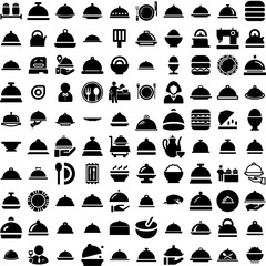 Collection Of 100 Serving Icons Set Isolated Solid Silhouette Icons Including Dinner, Service, Lunch, Serving, Meal, Restaurant, Food Infographic Elements Vector Illustration Logo