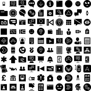 Collection Of 100 Serious Icons Set Isolated Solid Silhouette Icons Including Female, Woman, Serious, Person, Young, Portrait, Face Infographic Elements Vector Illustration Logo