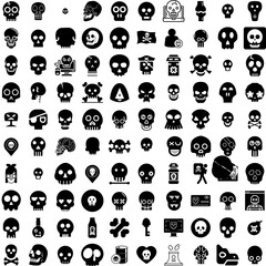 Collection Of 100 Skull Icons Set Isolated Solid Silhouette Icons Including Bone, Skeleton, Human, Horror, Dead, Skull, Death Infographic Elements Vector Illustration Logo