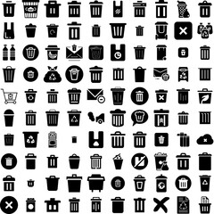 Collection Of 100 Trash Icons Set Isolated Solid Silhouette Icons Including Clean, Recycle, Trash, Rubbish, Garbage, Bin, Waste Infographic Elements Vector Illustration Logo