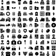 Collection Of 100 Treatment Icons Set Isolated Solid Silhouette Icons Including Treatment, Waste, Sewage, Industrial, Plant, Factory, Water Infographic Elements Vector Illustration Logo