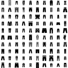 Collection Of 100 Trousers Icons Set Isolated Solid Silhouette Icons Including Fashion, Style, Garment, Pants, Clothing, Trousers, Wear Infographic Elements Vector Illustration Logo