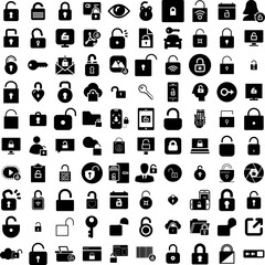 Collection Of 100 Unlock Icons Set Isolated Solid Silhouette Icons Including Unlock, Safe, Vector, Lock, Password, Icon, Open Infographic Elements Vector Illustration Logo