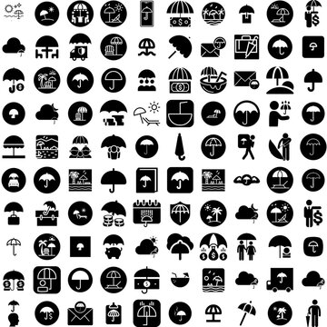 Collection Of 100 Umbrella Icons Set Isolated Solid Silhouette Icons Including Open, Parasol, Weather, Season, Handle, Umbrella, Protection Infographic Elements Vector Illustration Logo