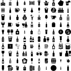 Collection Of 100 Alcohol Icons Set Isolated Solid Silhouette Icons Including Drink, Beverage, Alcohol, Glass, Bar, Alcoholic, Background Infographic Elements Vector Illustration Logo