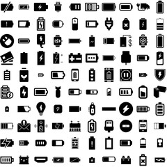 Collection Of 100 Charge Icons Set Isolated Solid Silhouette Icons Including Power, Battery, Charger, Electric, Technology, Energy, Charge Infographic Elements Vector Illustration Logo