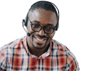 Smiling african american male support service worker wearing headset and glasses, headshot portrait