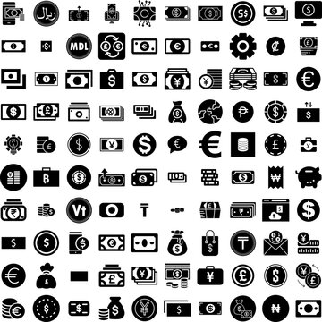 Collection Of 100 Currency Icons Set Isolated Solid Silhouette Icons Including Money, Business, Finance, Cash, Exchange, Currency, Payment Infographic Elements Vector Illustration Logo