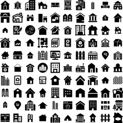 Collection Of 100 Estate Icons Set Isolated Solid Silhouette Icons Including Business, Home, Estate, Real, House, Property, Investment Infographic Elements Vector Illustration Logo