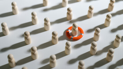 Figure of wooden red man in life buoy among crowd. Business rescue concept
