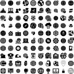 Collection Of 100 Global Icons Set Isolated Solid Silhouette Icons Including Business, Internet, Background, Concept, Network, Technology, Global Infographic Elements Vector Illustration Logo