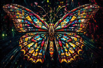 a butterfly made out of many different colored shapes and sizes, all on a black background with an abstract pattern. Generative Ai