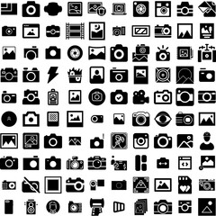 Collection Of 100 Photo Icons Set Isolated Solid Silhouette Icons Including Frame, Retro, Paper, Picture, Design, Blank, Photo Infographic Elements Vector Illustration Logo