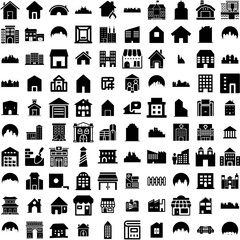 Collection Of 100 Building Icons Set Isolated Solid Silhouette Icons Including Architecture, Building, Construction, Office, City, Business, Urban Infographic Elements Vector Illustration Logo