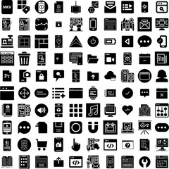 Collection Of 100 Application Icons Set Isolated Solid Silhouette Icons Including Application, Icon, Design, Business, Internet, Mobile, Technology Infographic Elements Vector Illustration Logo