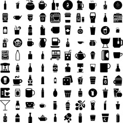 Collection Of 100 Beverage Icons Set Isolated Solid Silhouette Icons Including Food, Fruit, Drink, Beverage, Cocktail, Glass, Juice Infographic Elements Vector Illustration Logo