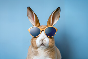 Portrait of adorable bunny wearing sunglasses close-up. Summertime vacation concept. generative ai. - 606698466