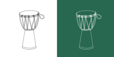 Djembe drawing cartoon style. Percussion instrument djembe clipart drawing in linear style isolated on white and chalkboard background. Musical instrument clipart concept, vector design