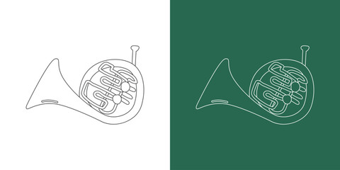 French horn line drawing cartoon style. Brass instrument French horn clipart drawing in linear style isolated on white and chalkboard background. Musical wind instrument clipart concept, vector design
