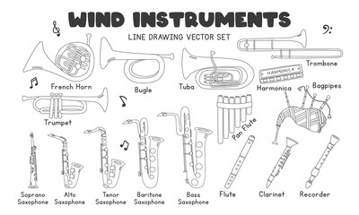 Musical wind instruments line drawing vector set. Trumpet, saxophone, pan flute, bagpipes clipart cartoon style, line art hand drawn style