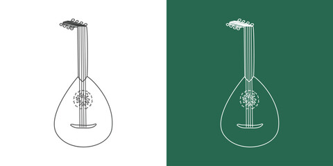 Lute line drawing cartoon style. String instrument lute clipart drawing in linear style isolated on white and chalkboard background. Musical instrument clipart concept, vector design