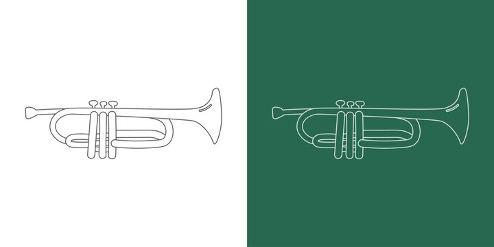 Trumpet line drawing cartoon style. Brass instrument trumpet clipart drawing in linear style isolated on white and chalkboard background. Musical wind instrument clipart concept, vector design