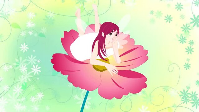 beautiful cartoon girl laying on flower background and 2d animation, girl lay down on flower petals, beautiful lady, women, fairy girl