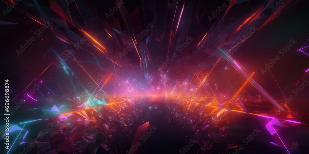 Poster cosmic background with colorful laser lights and broken fractal elements. generative ai aig21.