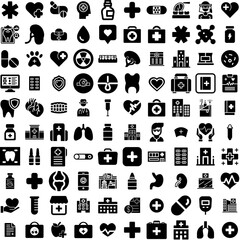 Collection Of 100 Healthcare Icons Set Isolated Solid Silhouette Icons Including Medical, Medicine, Doctor, Clinic, Health, Care, Hospital Infographic Elements Vector Illustration Logo