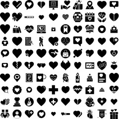 Collection Of 100 Heart Icons Set Isolated Solid Silhouette Icons Including Symbol, Valentine, Vector, Love, Background, Icon, Heart Infographic Elements Vector Illustration Logo