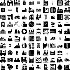 Collection Of 100 Industry Icons Set Isolated Solid Silhouette Icons Including Industrial, Production, Plant, Manufacturing, Factory, Industry, Technology Infographic Elements Vector Illustration Logo