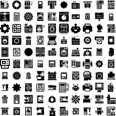 Collection Of 100 Machine Icons Set Isolated Solid Silhouette Icons Including Equipment, Isolated, Household, Technology, White, Machine, Background Infographic Elements Vector Illustration Logo