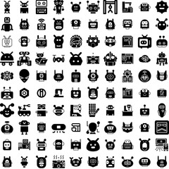 Collection Of 100 Robot Icons Set Isolated Solid Silhouette Icons Including Future, Technology, Machine, Futuristic, Robotic, Science, Robot Infographic Elements Vector Illustration Logo