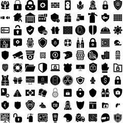 Collection Of 100 Safety Icons Set Isolated Solid Silhouette Icons Including Worker, Concept, Industry, Safety, Protection, Health, Work Infographic Elements Vector Illustration Logo