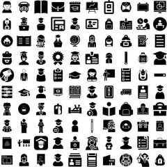 Collection Of 100 Student Icons Set Isolated Solid Silhouette Icons Including University, Female, Happy, Young, Education, College, Student Infographic Elements Vector Illustration Logo