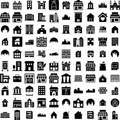 Collection Of 100 Building Icons Set Isolated Solid Silhouette Icons Including City, Business, Urban, Construction, Architecture, Office, Building Infographic Elements Vector Illustration Logo