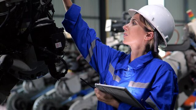video 4k slow motion of young Caucasian female engineer, technician wearing safety uniform working use tablet and walkie talkie Checking machine readiness before work for safety and work efficiency.
