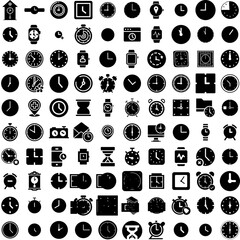 Collection Of 100 Clock Icons Set Isolated Solid Silhouette Icons Including Clock, Time, Timer, Icon, Watch, Hour, Alarm Infographic Elements Vector Illustration Logo