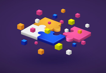 Pieces of puzzles connected together, symbol of teamwork. Colored 3d puzzles, business solutions concept.