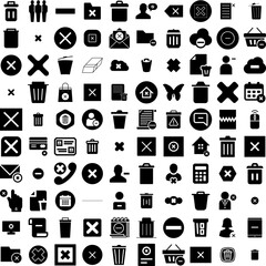 Collection Of 100 Delete Icons Set Isolated Solid Silhouette Icons Including Design, Delete, Symbol, Icon, Vector, Trash, Web Infographic Elements Vector Illustration Logo
