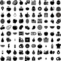 Collection Of 100 Healthy Icons Set Isolated Solid Silhouette Icons Including Lifestyle, Healthy, Diet, Food, Fresh, Vegetable, Organic Infographic Elements Vector Illustration Logo