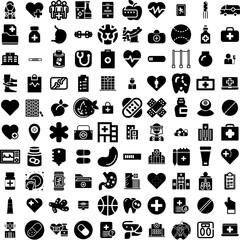 Collection Of 100 Health Icons Set Isolated Solid Silhouette Icons Including Concept, Health, Care, Mental, Medical, Medicine, People Infographic Elements Vector Illustration Logo