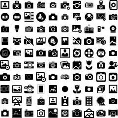 Collection Of 100 Photo Icons Set Isolated Solid Silhouette Icons Including Paper, Retro, Design, Picture, Frame, Blank, Photo Infographic Elements Vector Illustration Logo