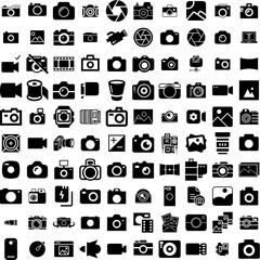 Collection Of 100 Photography Icons Set Isolated Solid Silhouette Icons Including Lens, Equipment, Photo, Photographer, Technology, Camera, Photography Infographic Elements Vector Illustration Logo