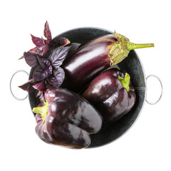 Purple vegetables isolated on white background. Purple basil, eggplant and bell pepper in metal...
