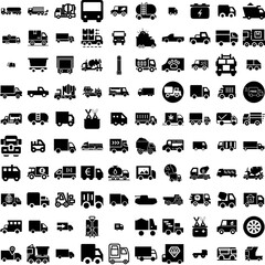 Collection Of 100 Truck Icons Set Isolated Solid Silhouette Icons Including Truck, Delivery, Transportation, Trucking, Shipping, Transport, Freight Infographic Elements Vector Illustration Logo
