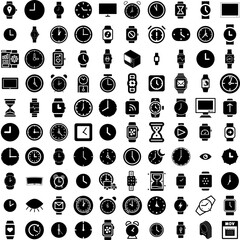 Collection Of 100 Watch Icons Set Isolated Solid Silhouette Icons Including Modern, Watch, Design, Isolated, Clock, Wristwatch, Time Infographic Elements Vector Illustration Logo